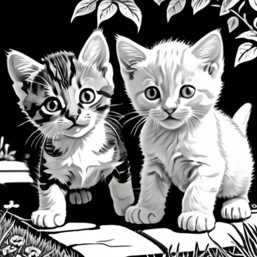 Prompt: a playful baby kitten playing with his siblings in the garden. in a black and white drawing coloring image 
