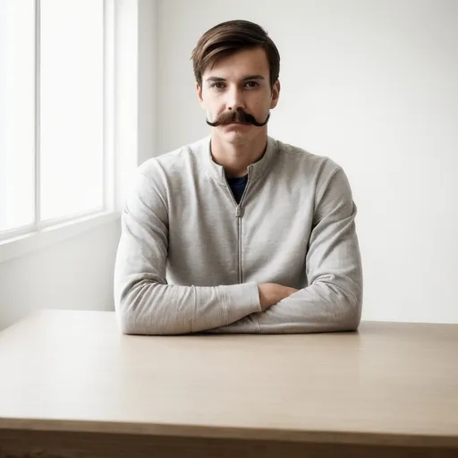 Prompt: In a bright, plain room characterized by light-colored walls, a young man sits at a wooden table, poised and attentive. He sports a casual, light grey zip-up shirt that complements his relaxed demeanor, his hands resting on the table, fingers interlaced, suggesting a sense of openness. His short, dark hair is neatly styled, and he has a subtle mustache that adds to his thoughtful expression. The soft natural light filtering through a nearby window highlights his features, creating a calm yet focused atmosphere, as if he’s ready for an important conversation or meeting.