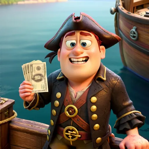 Prompt: pirate with cash and holding a map with an x on it.