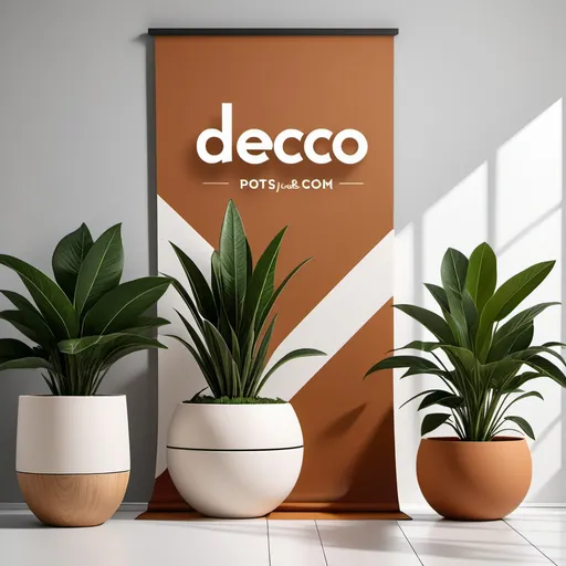 Prompt: Modern, elegant banner design for www.deco-pots.com, showcasing an array of stylish plant pots and home decorations, lush greenery accents, warm ambient lighting, minimalist aesthetic, vibrant natural colors, inviting atmosphere, clear branding, eye-catching and professional layout, high-quality graphic design, visually pleasing and fresh feel, suitable for a home décor website, modern vibes.