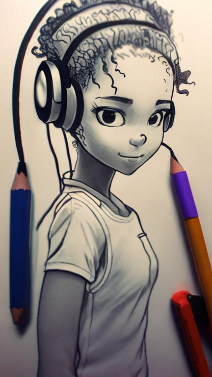 Prompt: Light pencil stress Sketch of a Girl with coils hair in perfect harmony with her headphone 