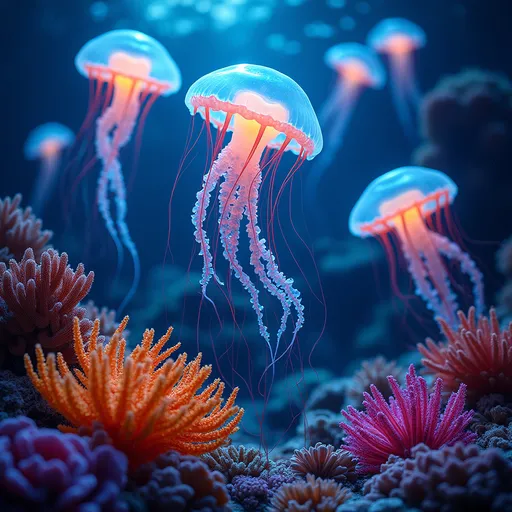 Prompt: A vibrant underwater scene with glowing jellyfish and colorful corals