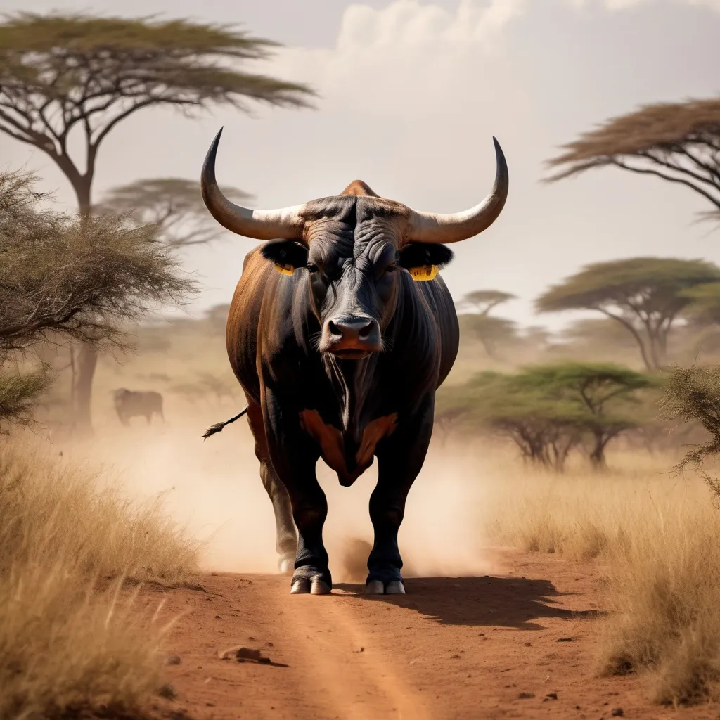 Prompt:  A fearless bull in the wild in Africa surrounded by nature in its glory 