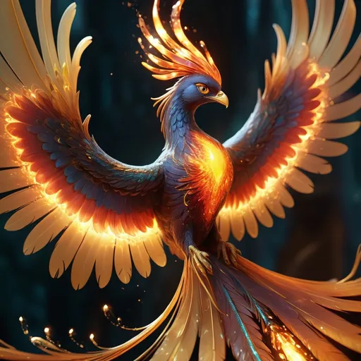 Prompt: A cinematic, ultra-realistic digital painting on a deep, mystical background of an enchanted glass phoenix, its translucent feathers infused with molten gold and flickering embers. As it spreads its wings, tiny sparks erupt from its form, creating a dazzling display of fire and light. The phoenix’s piercing golden eyes shine with wisdom, its presence exuding an aura of rebirth and eternal power.