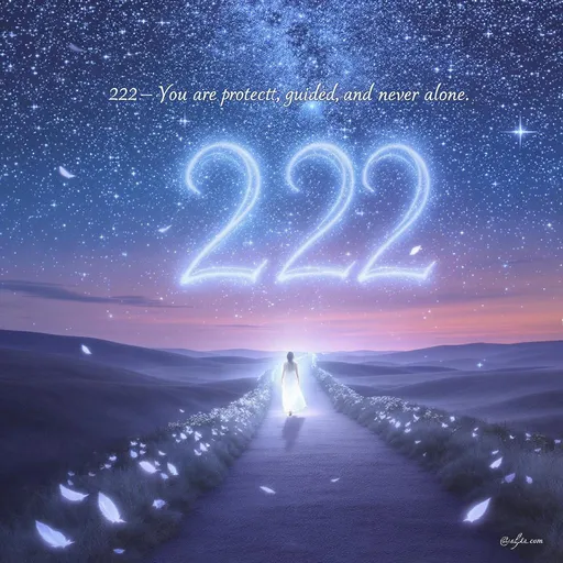 Prompt: A soft twilight or starlit sky

The numbers 222 formed by stars or glowing lights

A peaceful figure walking a path, symbolizing the journey of life

Subtle heavenly presence, like feathers, faint silhouettes, or glowing aura

A gentle quote:

“222 — You are protected, guided, and never alone.” 
Make it super surreal and vibrant colors 