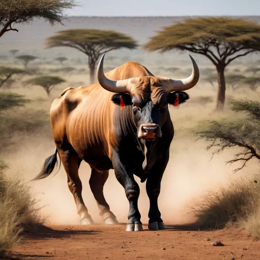 Prompt:  A fearless bull in the wild in Africa surrounded by nature in its glory 