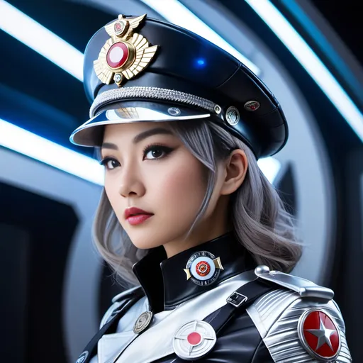 Prompt: Profile view of beautiful Japanese Time Patrol Officer, detailed face, silver leather minidress, black tights, beret, silver boots with official insignia, badges of rank, examining Time Machine, 8k photo, futuristic-sci-fi, highly detailed, intricate, detailed eyes, elegant design, professional, atmospheric lighting, detailed outfit, futuristic setting