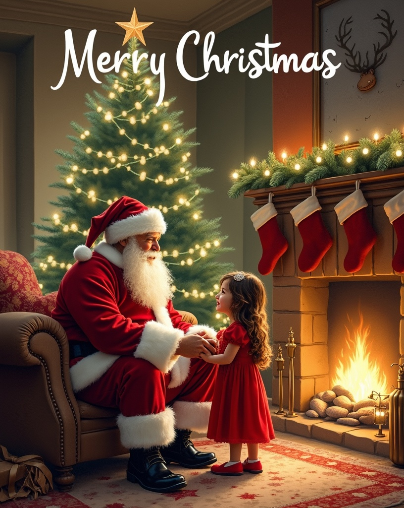 Prompt: Norman Rockwell style Christmas postcard of Santa Claus surprising a cute little girl in a cozy living room decorated for the holiday with stockings on the fireplace mantle and a huge lighted tree with ornaments. Whimsical holiday spirit, well lit, high detail & quality, 8k, text banner arched across top of image reads “Merry Christmas 2024”.