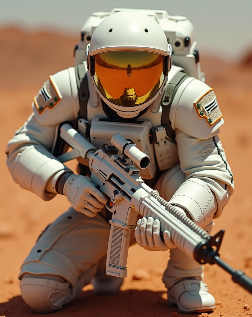 Prompt: Cinematic photo of a rugged Astro-Marine trooper in white spacesuit uniform and helmet with reflective gold visor, white & silver laser rifle, unit patch on shoulder, crouching with weapon on Mars, 8k, high detail & quality.