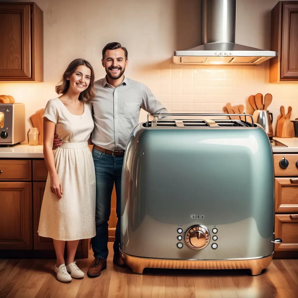 Prompt: smiling happy couple standing in front of an enormously giant gleaming old fashioned toaster appliance that is three times their size, family photo, 8K, detailed background, retro colors, warm lighting, joyful atmosphere