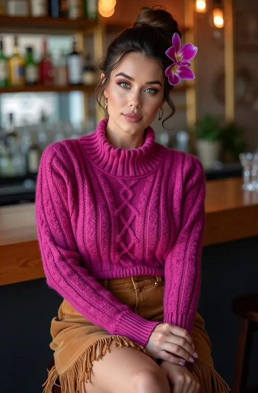 Prompt: Beautiful plump Olive-skinned woman, delicate square facial features, striking green eyes, upturned narrow nose, chic updo chestnut hair ornamented with  an orchid blossom, posing on a stool for a professional photo portrait, wearing a vibrant fuchsia cable-knit sweater and stylish fringed suede skirt, soft curvy figure, captured in high detail 8K resolution, blurred barroom backdrop creating a clean, modern ambiance, emphasizing her elegant expression and silhouette, ultra-clarity and depth.