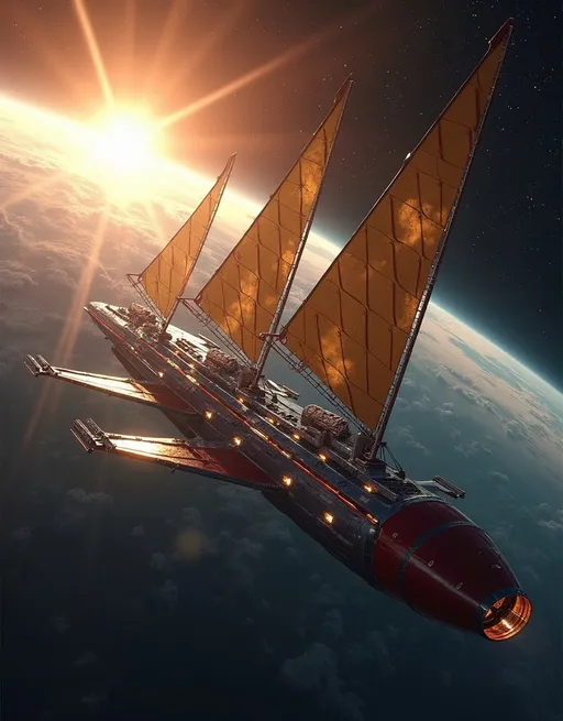 Prompt: A long [silver gray red and white] schooner rigged starship with large outrigger sponsons mounting the photon cannons, gleaming under the radiant sunlight of a distant G3 star, departing the orbit of a lush Earth-like planet with two orbiting moons. Magnificently displayed are (((three massive metallic gold solar sails shaped like triangles))) and mounted above and below the main hull. Capturing the enormous size of the solar sails that dwarf the ship’s cylindrical hull. High detail, ultra-realistic 8K cinematic photo, featuring dramatic contrasts and depth in space while enhancing the grandeur of this celestial scene.