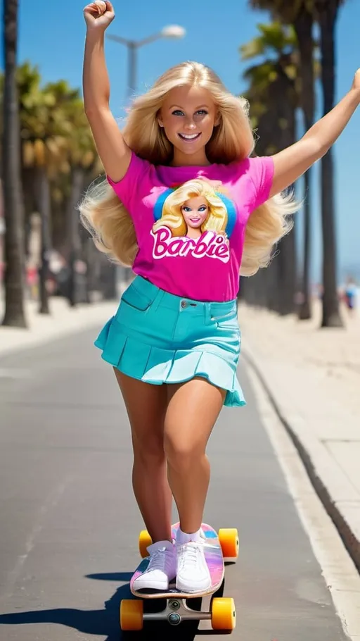 Prompt: Photo of life-like Skateboarding Barbie, curvy figure, windblown blonde hair, vibrant blue eyes, age 21, natural suntanned skin tone, realistic, detailed textures, in pink "Barbie" tee, white tennis skirt, rainbow skateboard, Venice Beach sidewalk, arms outstretched, smiling, photo, high-res, daylight, vibrant colors, Californian vibe, detailed, realistic lighting, dynamic action, fluid movement, detailed skateboard, intricate face details, pink "Barbie" tee shirt