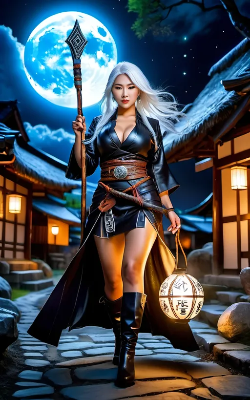 Prompt: Japanese sorceress with glowing runic staff, arcing electricity, white hair, curvy figure, black leather duster, runic vest, miniskirt, gogo boots, walking in village at night under a full moon, intricate face, 8k photo, high detail, bosomy physique, fantasy, intricate design, magical atmosphere, mystical lighting, full moon, village setting, detailed clothing, glowing runes