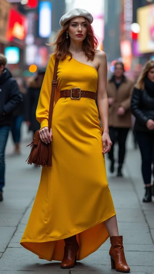 Prompt: A tall beautiful chestnut haired fashion model, wearing a bright yellow asymmetric cut belted wool dress off one shoulder, paired with brown leather Prada boots and a fringed suede purse, chic white beret canted to one side. She stands confidently amidst the bustling crowds of Times Square, New York, captured in a dynamic pro fashion photo shoot. Exquisite details abound in this vibrant 8K resolution image, showcasing dramatic pro lighting that emphasizes the model's elegance against the iconic urban backdrop, featuring her firm & fit plus-size physique with a narrow defined waist. High-quality and ultra-detailed composition.