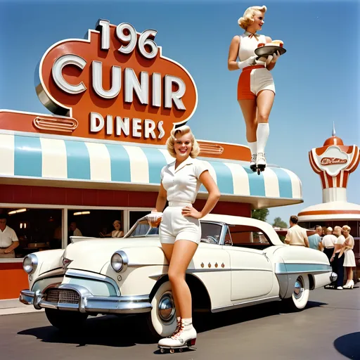 Prompt: photo of an art deco style drive-in diner, car-hop waitress on roller skates, blonde bosomy, curvaceous, wearing white crop top snug white shorts, carrying a silver food tray to a 1960s convertible with two beautiful young women inside, Googie architecture, 60s cars, car-hop waitress, roller skates, daylight, high-res, blonde hair, beautiful women, skating waitresses