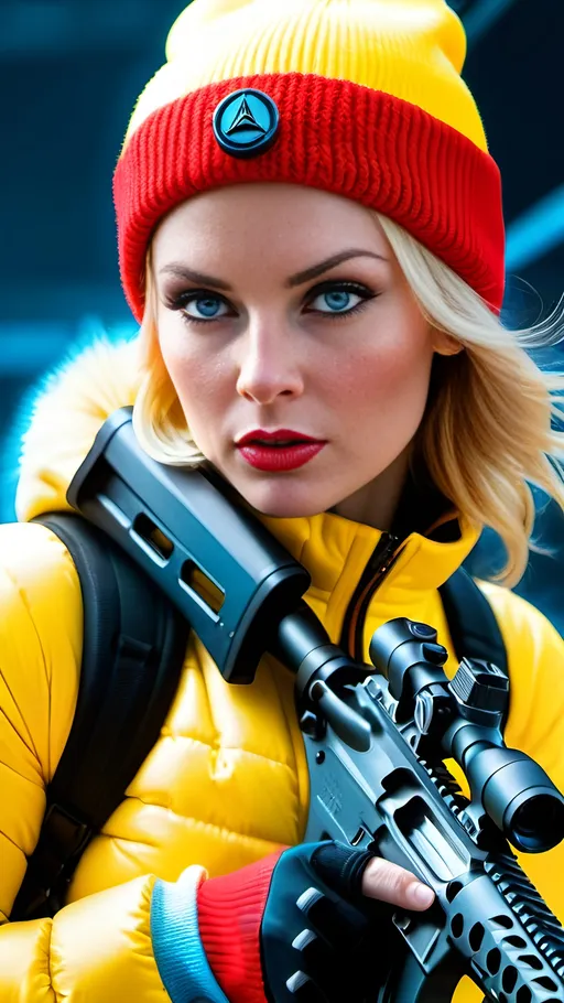 Prompt: Detailed 8k photo of a beautiful blonde Bond Villain woman in a yellow & red ski suit, red knit cap, with ice blue eyes and upturned nose, ((aiming a black assault rifle,)) intricate square face, profile view, high detailed, professional, intense gaze, action, vibrant colors, highres, detailed eyes, stylish, dramatic lighting, menacing expression, dangerous beauty, profile view