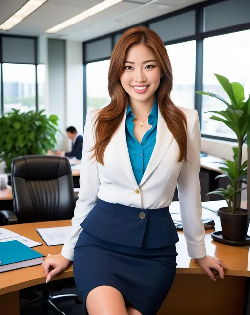 Prompt: Beautiful, curvaceous Japanese model, hazel-eyed, long & thick auburn hair, intricate face, smiling, pinstriped navy blazer, white blouse, cerulean pencil skirt, high heels, bosomy:2.0, professional office, co-workers, plants, desks, floor to ceiling windows, professional, detailed, vibrant colors, realistic, high quality