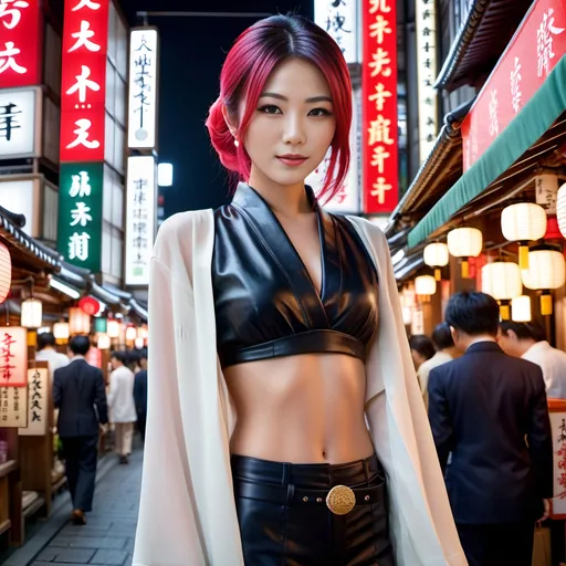 Prompt: Beautiful elegant Japanese woman, age 25, colorful hair, traditional oriental blouse, bare midriff, linen slacks, leather boots, standing in foreground of busy Ginza market at night, neon lights, signs, many people, intricate detail, 8K photo.