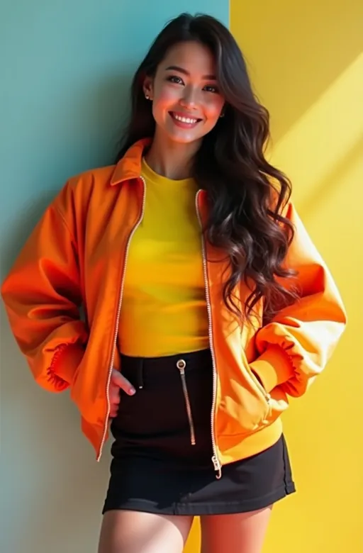 Prompt: (80s brunette woman), Patrick Nagel style, sparkling blue eyes, long wavy hair, angular face, orange bomber jacket, yellow tee, black miniskirt, curvy figure, pastel backdrop, bright light, cheerful ambiance, high detail & quality, (8K), (ultra-realistic), (professional photography), vibrant colors, cinematic depth, stylish pose, joyful expression, fashion-forward, luminous highlights, soft shadows, modern aesthetic.