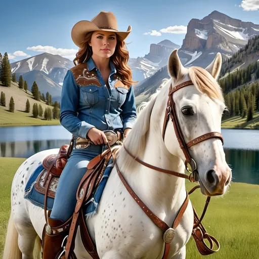 Prompt: Beautiful cowgirl, chestnut hair, green eyes, denim jacket with suede fringe, chambray shirt, denim pants, brown boots and cowboy hat, ornate leather saddle with silver accents, saddlebags, silver stirrups, riding a white Appaloosa horse, 8k photo, realistic, western style, detailed features, natural lighting, majestic, lake with cabins, mountain backdrop, stunning scenery