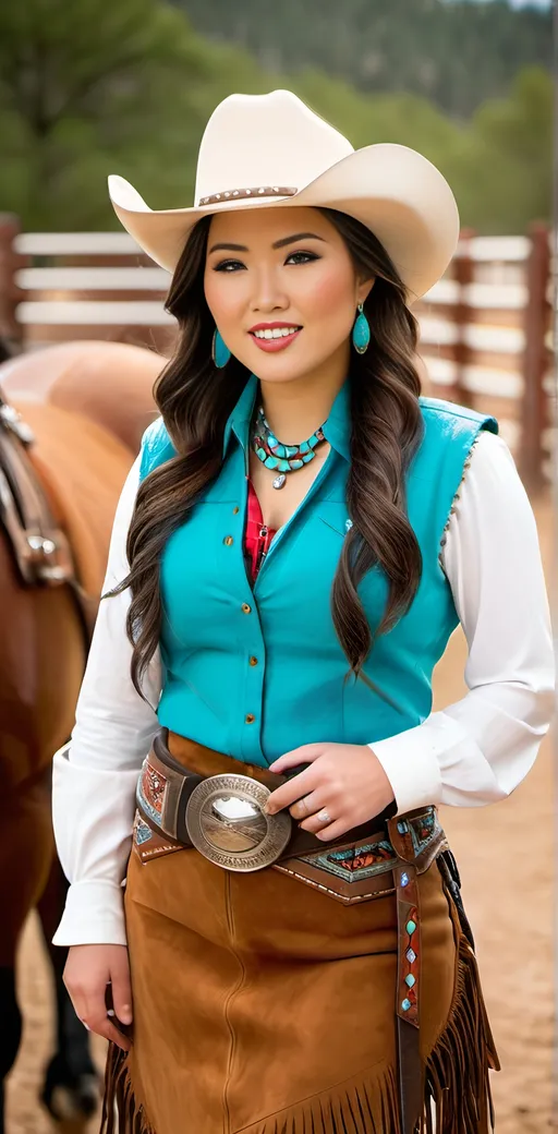 Prompt: Elegant beautiful curvy Japanese woman in southwestern attire, detailed face, turquoise jewelry, horse corral, high-res photo, detailed clothing, warm tones, professional lighting, American southwestern setting, intricate diamond face, fringe details, white Stetson hat, suede boots, suede pencil skirt, red checked shirt, suede vest, turquoise belt buckle, bead & leather details, horse corral scene, professional photography, natural daylight