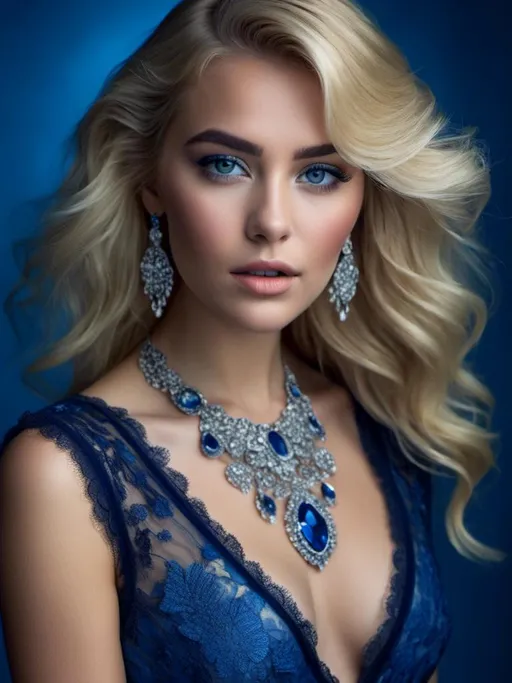 Prompt: <mymodel>delicately beautiful Eurasian woman, feathery blonde hair, dark eyebrows, light makeup, low-cut lacy blue cocktail dress, fine bone structure, hourglass figure, sapphire jewelry, bosomy physique, blue background, 8k photo, detailed, elegant, glamorous, portrait, high fashion, realistic, soft lighting, vibrant color tones, graceful pose, professional photography