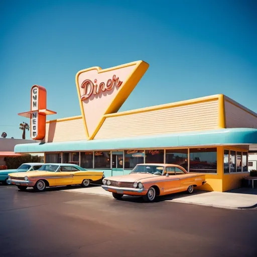 Prompt: Googie architecture diner, vibrant 60s vintage color scheme, sunny day, 60s automobiles, modern digital photograph, high-res, sunny, vibrant, 60s vintage colors, Googie architecture, 60s automobiles, modern, digital photograph, Los Angeles, California, detailed, high quality