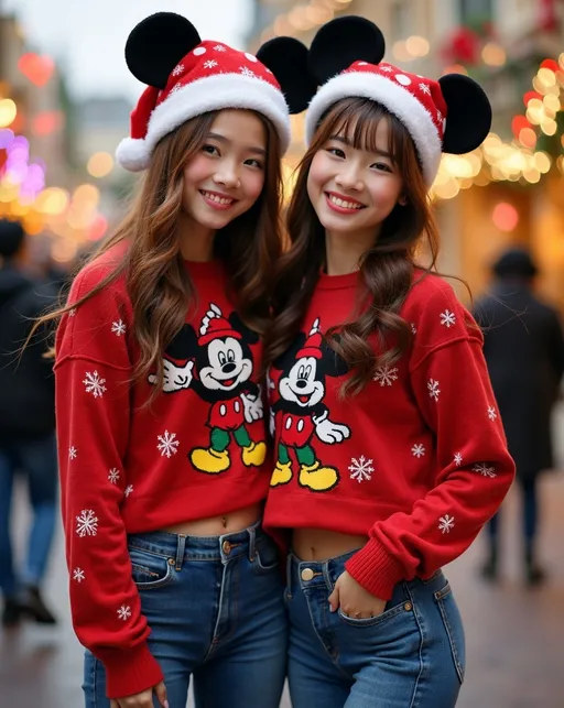 Prompt: photorealistic, (adorably cute teen Japanese sisters age 15-17) posing for a Christmas portrait, chestnut-auburn hair, (whimsical Christmas sweaters & jeans),, Mickey Mouse hats emphasize (plump round bosomy thick physique), Tokyo Disneyland Castle decorated for the holidays, warm happy vibe, high detail & quality, (high detailed faces), 8k, pro photography, pro lighting, ultra-detailed environment with festive decorations, comfortable ambiance, joyful expressions.