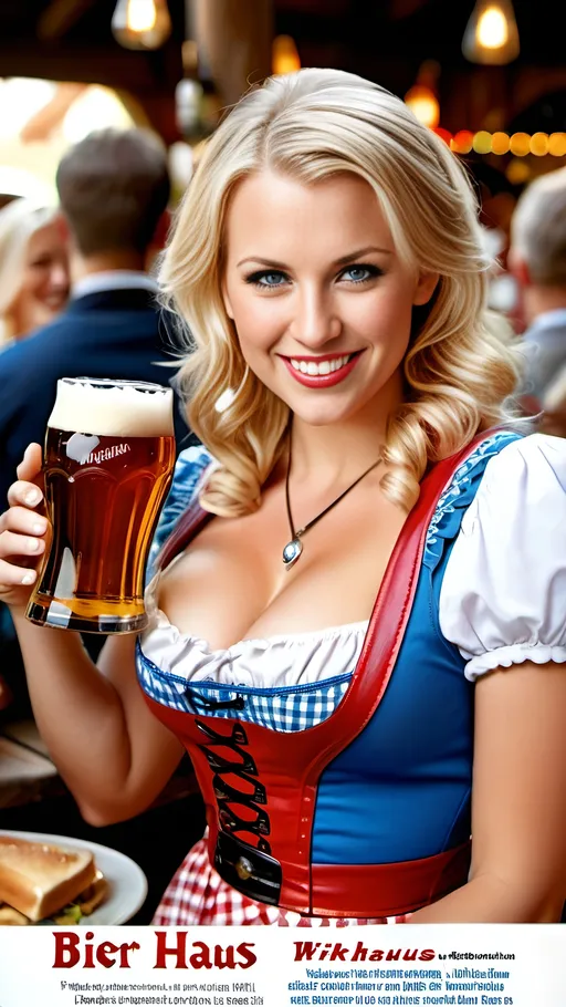 Prompt: 8K full page magazine ((advertisement with "Bier Haus" text printed over photo,)) Beautiful blonde waitress in red white & leather Dirndl, buxom figure, blue-eyed, smiling, intricate oval face, working in a crowded BierGarten, carrying a tray with drinks, 8k photo, detailed, realistic, warm tones, professional, focus on cleavage, full bosomy physique, advertisement with "Bier Haus" text