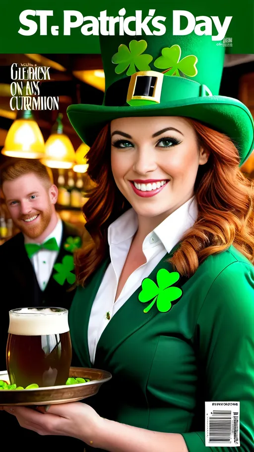 Prompt: Magazine Cover, Beautiful auburn hair waitress ((on a "St Patricks Day" magazine cover)), green & black leprechaun  uniform with hat, smile, carrying a tray of drinks in a busy Irish Pub, green-eyed, detailed facial features, crowded pub setting, 8k photo, realistic, ads-fashion editorial, vibrant colors, natural lighting, curvaceous physique, wood & brass decorations, focus on cleavage, glossy (("St Patricks Day" ))magazine cover