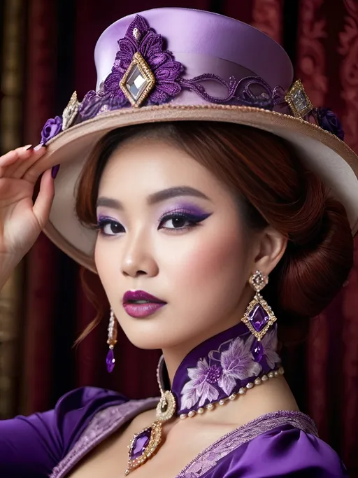 Prompt: lady in purple, Asian, intricate diamond shape face, auburn hair, high class Victorian attire, milliners hat, purple-eyed, touching an earring, purple makeup, head & shoulders, 8k photo, high detail, realistic style, intricate details, Victorian fashion, auburn hair, Asian beauty, diamond-shaped face, milliners hat, purple makeup, intense gaze, elegant, classy, high quality