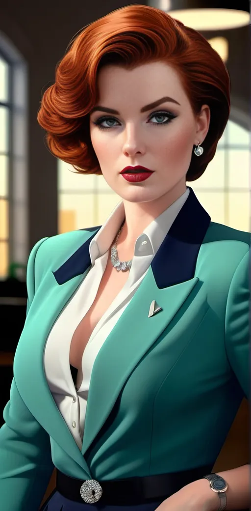 Prompt: ((Curvaceous:2.0 Woman)) with pale skin short auburn hair and green eyes, powder blue blazer, white blouse, navy skirt, black heels, detailed diamond face, hourglass figure, Patrick Nagel style, high-res, digital painting, detailed eyes, professional, 8K digital render, atmospheric lighting, fashionable, 80s retro, vibrant colors, business office background