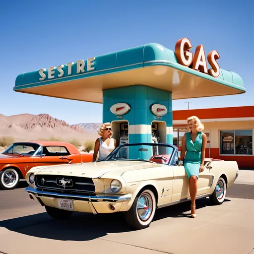 Prompt: photo of an art deco style gas station, 1960s mustang convertible with two beautiful young women inside, Googie architecture, 60s cars, Route 66 locale, American southwest desert landscape, daylight, high-res, blonde hair, beautiful women, professional photograph, modern lighting, retouched and color corrected photo