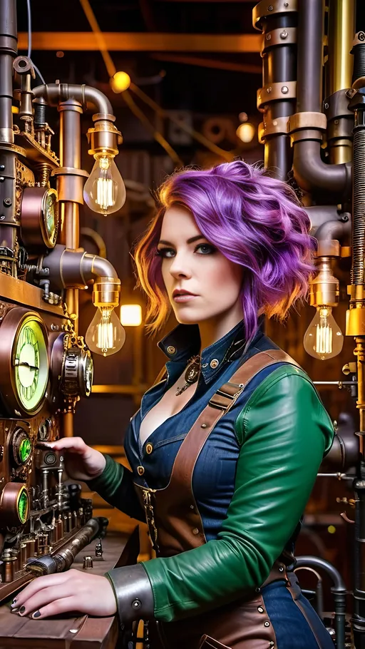 Prompt: Steampunk woman with purple hair and green eyes, fair skin, controlling a massive Rube Goldberg machine, leather and denim coveralls, intricate brass, wires, clockwork gears, vintage lights, detailed gauges, 8k photo, steampunk, industrial, detailed hair, mechanical, atmospheric lighting