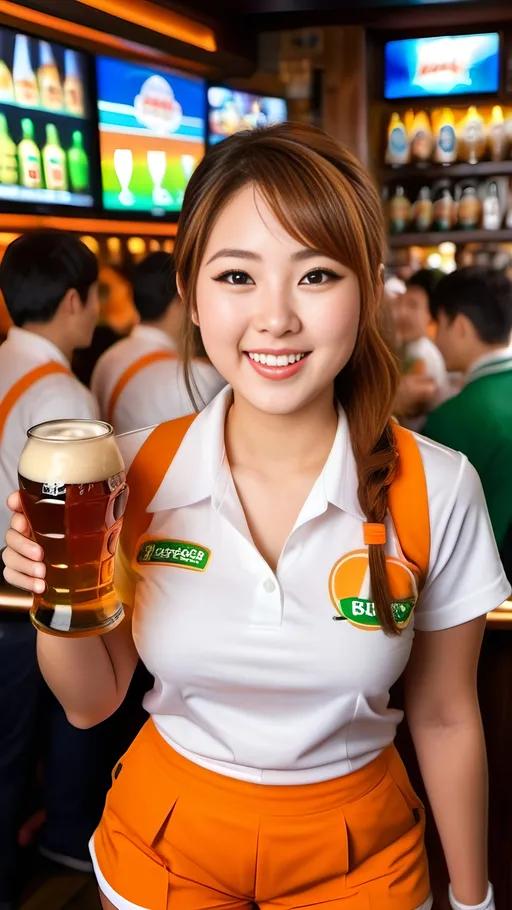 Prompt: Happy young Japanese waitress in white tee and orange shorts uniform, chestnut hair, green eyes, carrying a tray with several bottles of beer, crowded sports bar with big TV screens, joyous crowd, 8k photo, vibrant atmosphere, buxom curvaceous figure, bosomy, detailed facial expression, energetic, realistic, lively lighting, colorful, busy environment