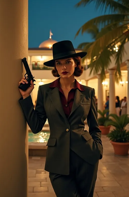 Prompt: Cinematic photo portrait, (famous American Detective Samantha Spade) standing next to a column, holding a small black revolver, gorgeous square face, chestnut hair, intense gaze, grand art deco hotel courtyard, crowded with people in casual tropical attire, large fountain, nautical-themed decor, potted palms, vibrant 1930s vintage vibe, elegant atmosphere, she wears a dark gray and maroon suit, black fedora, high detail, ultra-detailed, night scene, muted lighting, dramatic shadows, 8k.