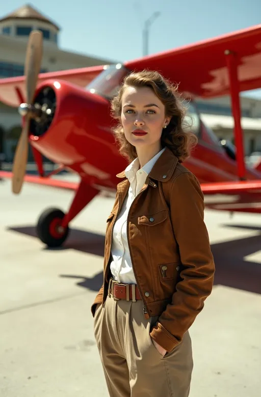 Prompt: Photo portrait of famed 1930s American aviatrix Skye Weatherly standing with the art deco Santa Monica airport terminal building and a bright red biplane in the background. Wearing brown suede pilot jacket, white shirt, belted khaki slacks, brown leather boots, sunny, 8k, high detail & quality.