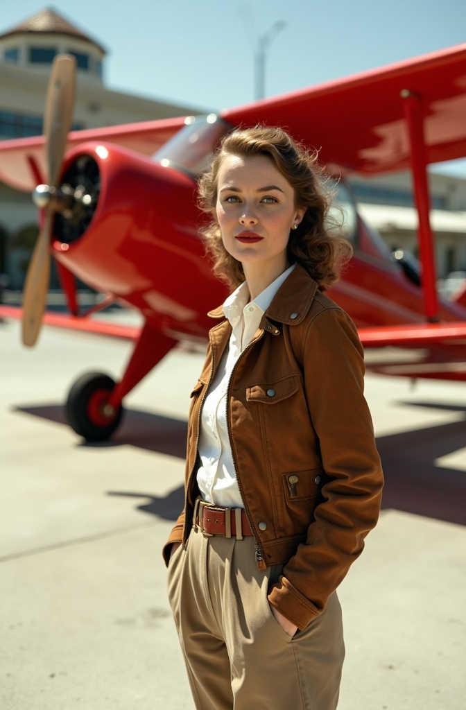 Prompt: Photo portrait of famed 1930s American aviatrix Skye Weatherly standing with the art deco Santa Monica airport terminal building and a bright red biplane in the background. Wearing brown suede pilot jacket, white shirt, belted khaki slacks, brown leather boots, sunny, 8k, high detail & quality.