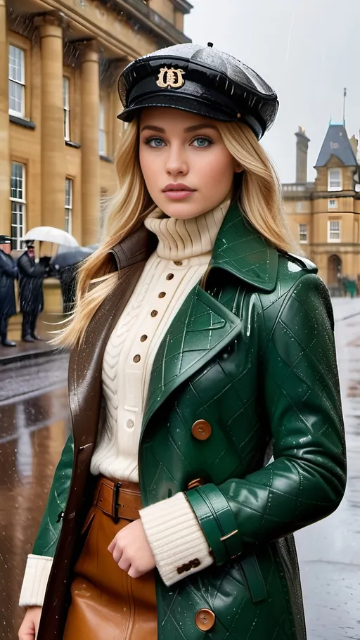 Prompt: Beautiful young woman, blonde hair, green-eyed, intricate square face, white turtleneck sweater, brown Burberry coat, leather skirt, brown boots, white Kangol flat cap, standing in the rain next to a Windsor Palace guard, 8k photo, realistic, detailed, classic, rainy atmosphere, intricate details