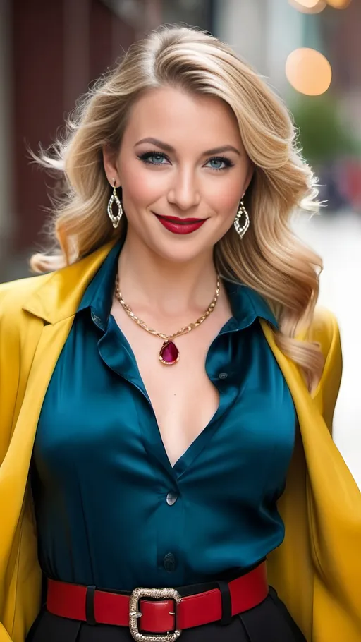 Prompt: Head to waist portrait, Elegant woman, age 25, long wavy blonde hair, green eyes, beautiful rectangle face, arched eyebrows, upturned nose, bright red lipstick, silver and ruby earrings and necklace, bosomy, deep cleavage, alluring smile, head tilted to one side, shoulders angled away from the camera, wearing a navy silk blouse and belted yellow jacket with black fur collar, blue skirt, bokeh, high-resolution photo, professional, well-lit, high detail, head to waist publicity photo