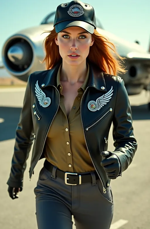 Prompt: Vintage retro futuristic photo, beautiful woman, green eyes, auburn hair, wearing black leather jacket, leather cap, dark gray slacks, khaki blouse, silver wings insignia, military patches, Saturn planet patch, running to sci-fi fighter plane, cinematic, high detail & quality, 8k, well lit, pro photo.