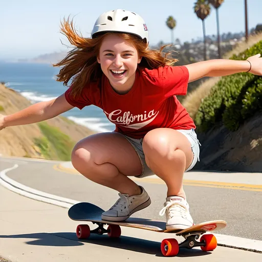 Prompt: Photo of a cute young woman, age 18, long windswept auburn hair, detailed round face, wearing a red tee shirt with "California" graphic, white denim shorts, red sneakers, red safety helmet, crouching on a white skateboard with red wheels, arms outstretched, on a california coastal sidewalk, swooping down a hill, curvaceous physique, bosomy, golden hour lighting, sunset scene, dynamic motion, fluid movement, active pose, happy smile, high-res, natural light, professional photography
