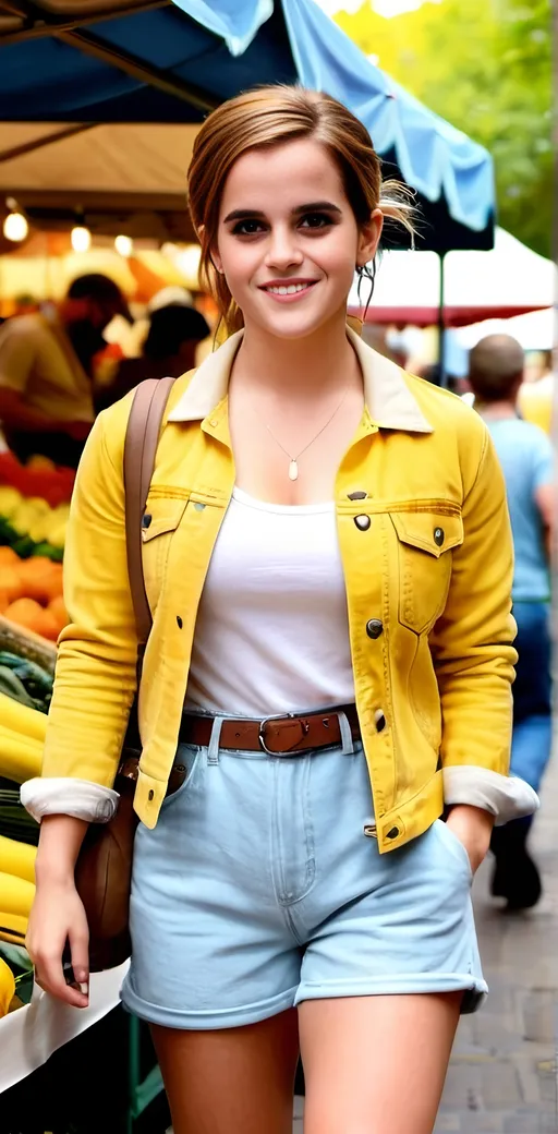 Prompt: (Buxom:2.0 curvaceous:2.0 bosomy physique), fashion model.8|Emma Watson, light blue denim jacket with sleeves rolled up, yellow tee, white denim shorts, long shapely legs, suede boots, intricate face, detailed eyes, warm happy smile, walking in an outdoor farmers market carrying a canvas shopping tote, high-res, realistic digital render, 8k photographic image, detailed eyes, professional, daylight, fashionable, vibrant colors