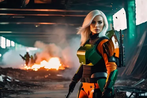 Prompt: 8K photo, cinematic, sci-fi, military, panoramic battle scene, beautiful female officer, age 35, flowing white hair, leads a group of robot infantry soldiers orange green & black uniforms, futuristic weapons, in a shattered burning corridor filled with smoke debris and flames, high detail.