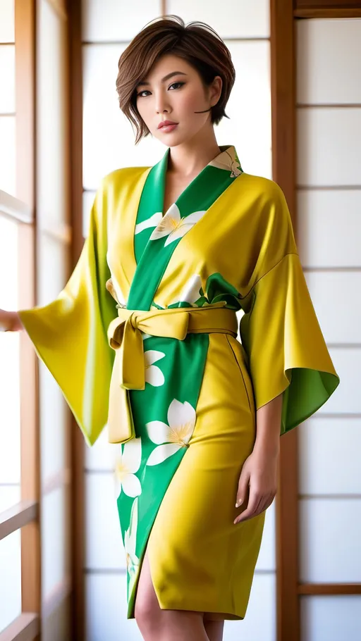 Prompt: Beautiful elegant, tall Japanese fashion model, short brown hair, hazel eyes, short sleeveless yellow & green kimono dress, white boots, bosomy, curvy, ads-fashion editorial, high fashion, elegant, professional, glamorous, Japanese style, sleek design, detailed features, 8K photo, vibrant colors, luxury lighting