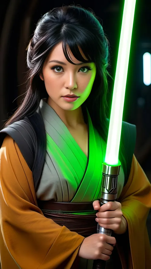 Prompt: Beautiful Japanese actress, long raven black hair, vivid gray eyes, tan & brown Jedi-Knight robes costume, holding glowing green lightsaber, Star Wars hangar bay set, detailed, dynamic pose, cinematic lighting, high-res photography, realistic, intricate details, intense gaze, sci-fi, vibrant colors, dramatic, professional lighting