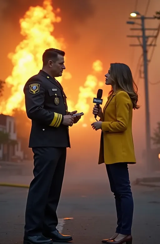 Prompt: Photorealistic image of a beautiful female TV news reporter in a stylish yellow jacket and navy slacks, holding a microphone, articulately interviewing a tall brave fire chief in full uniform. Eerie smoke and haze merge with the chaos of burning buildings in the background, intensifying the scene. Captured in 8K resolution, ultra-detailed, the image exudes a high-quality cinematic vibe, emphasizing the gravity of the situation and showcasing the professionalism of the characters involved.