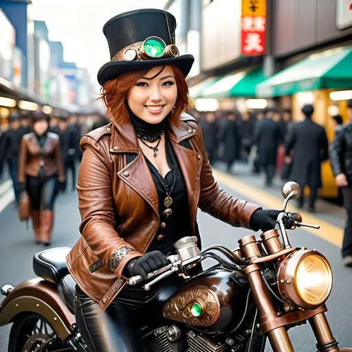 Prompt: Beautiful Japanese Steampunk woman, age 25, bob cut auburn hair, green-eyed, intricate diamond face, natural makeup, brown leather jacket with black faux fur trim, brown leather pants with black trim, black boots & top hat, lush curvy figure, smile, riding a steampunk motorcycle in a busy Tokyo street, 8k photo, artstyle-steampunk, detailed eyes, intricate clothing, crowded station, bustling atmosphere, professional lighting