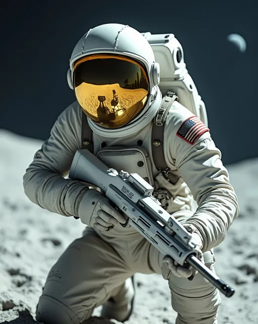 Prompt: Cinematic photo of a rugged Astro-Marine trooper in white spacesuit uniform and helmet with reflective gold visor, large fearsome Lunar Dragon monster reflection visible on visor, white & silver laser rifle, unit patch on shoulder, crouching with weapon on moon, 8k, high detail & quality.